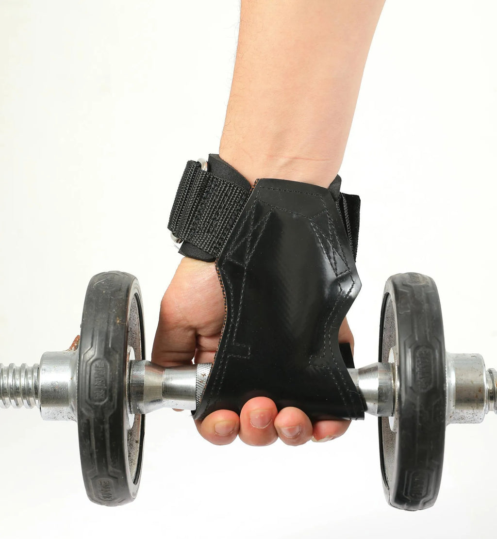 Black rubber palm protection band for weightlifting and rock climbing grip.