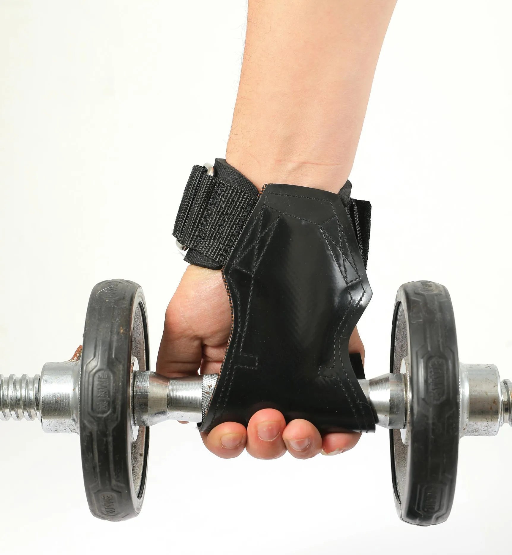 Black rubber palm protection band for weightlifting and rock climbing grip.