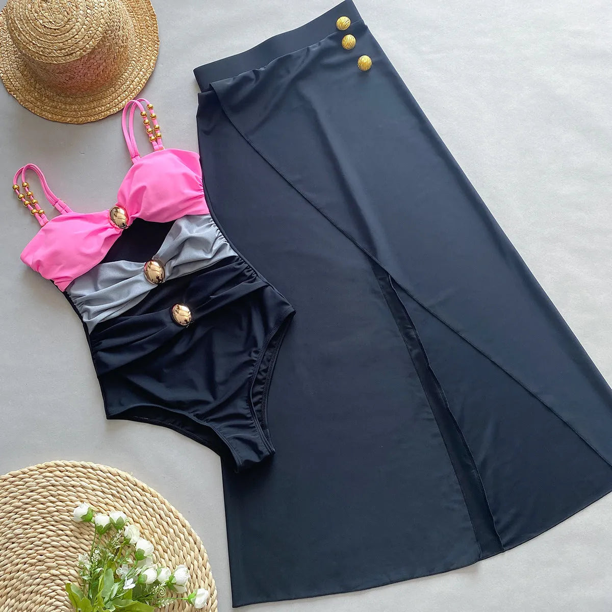 Women's one-piece swimsuit with matching skirt in coordinated colour options
