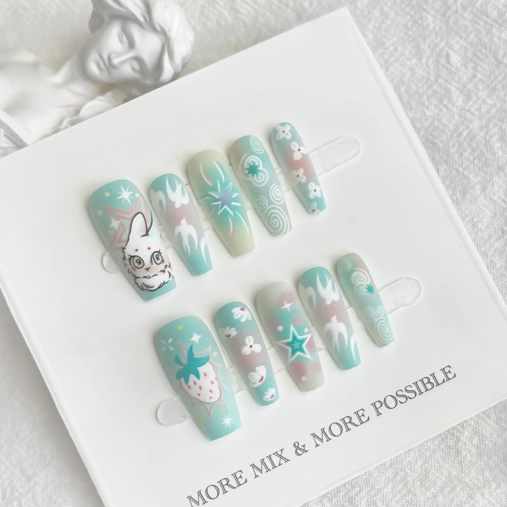 Cartoon cute rabbit middle ladder fake nails with cat's paw pattern in Rabbit Planet colour, including 40 pieces with frosted and glossy finish options