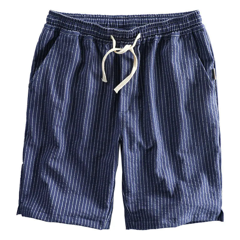 Men's striped cotton casual shorts with an elastic waistband in light blue.