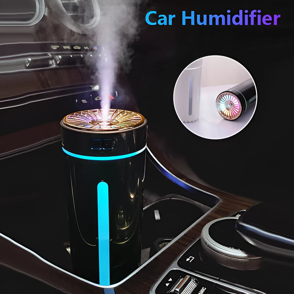 Black portable USB rechargeable humidifier with colourful LED lights on car cup holder