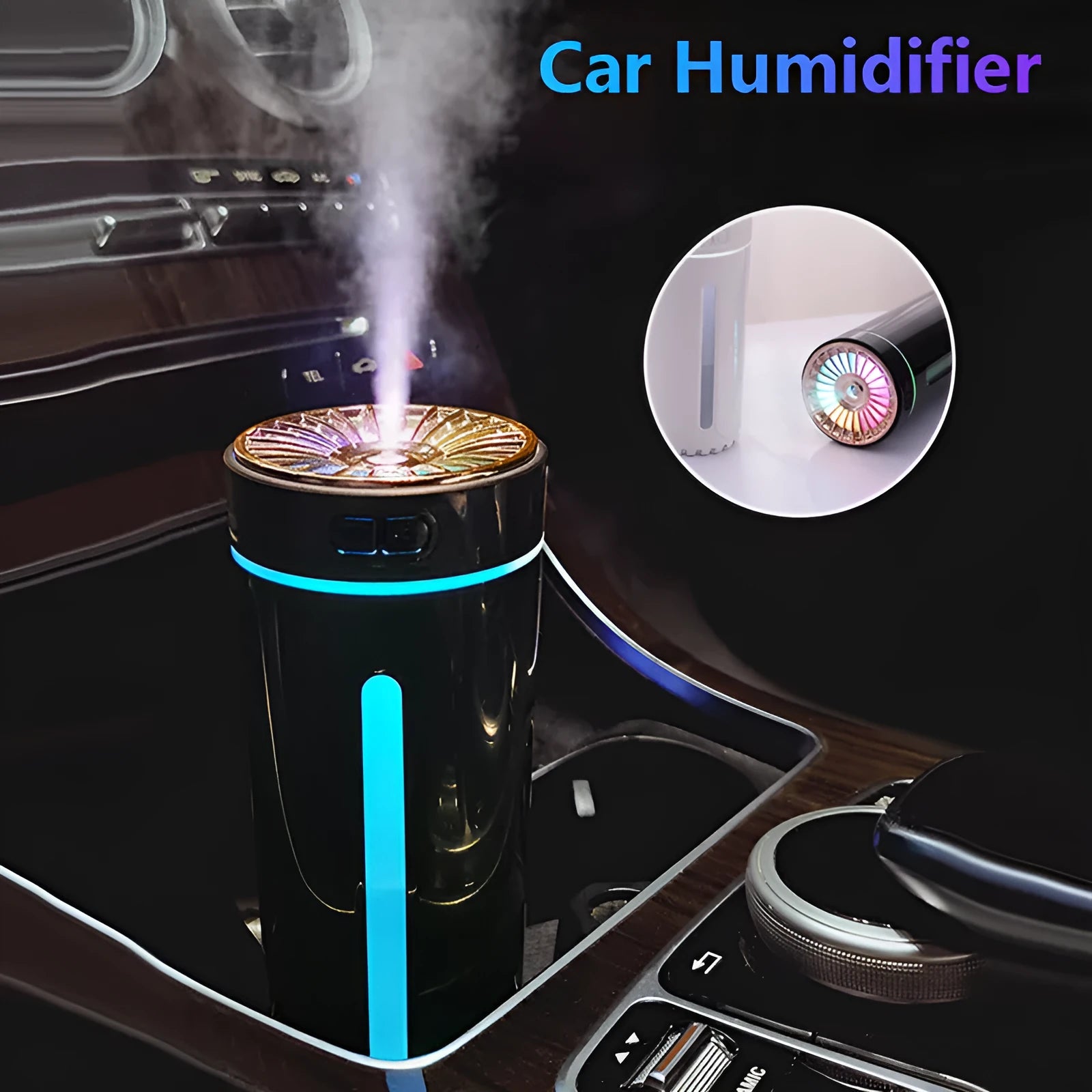 Black portable USB rechargeable humidifier with colourful LED lights on car cup holder