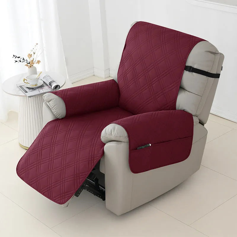 Quilted burgundy waterproof cover fitted on a Chivas massage chair sofa cushion.