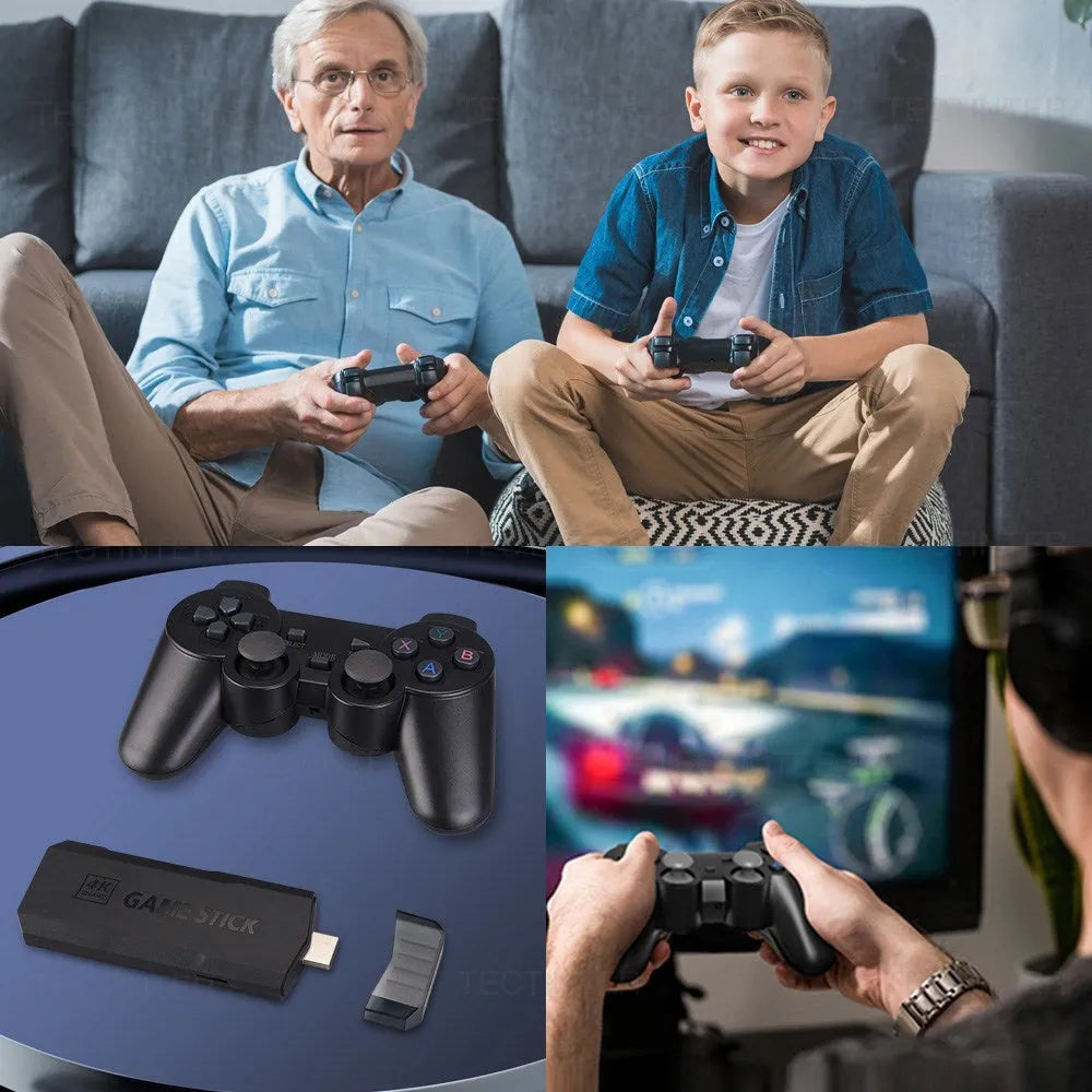 HD Home TV Game Console with wireless controller, HDMI cable, and compact ABS housing measuring 16cm x 11.5cm x 10.5cm