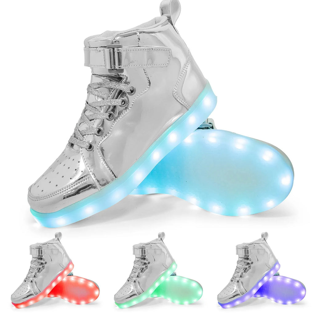 A pair of black high-top LED dancing shoes with Velcro fastening and a lit-up sole.