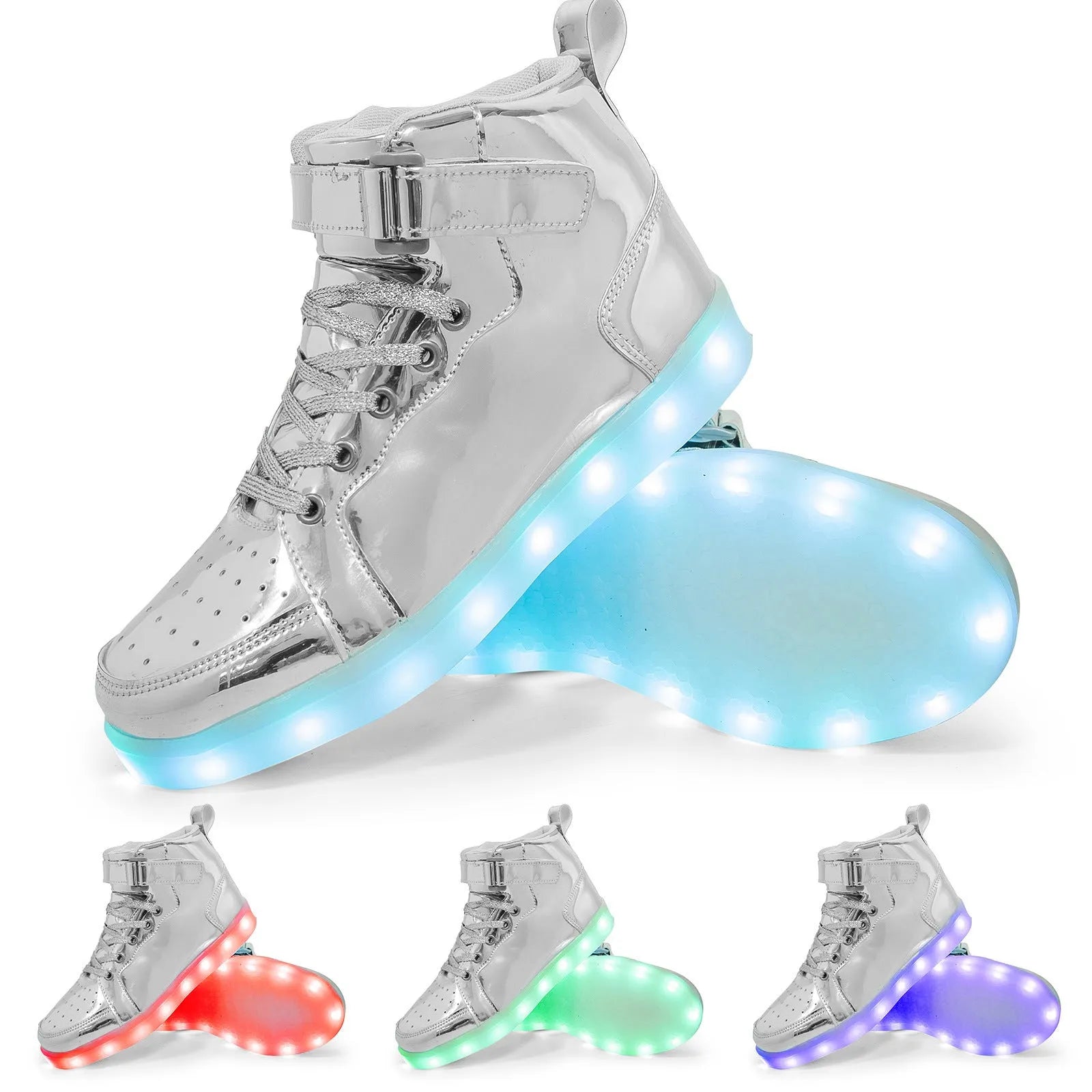 A pair of black high-top LED dancing shoes with Velcro fastening and a lit-up sole.
