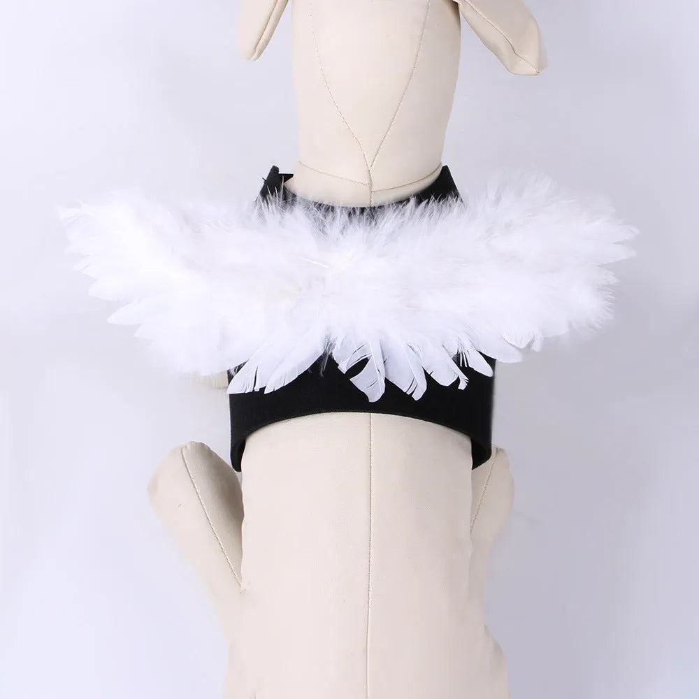 Black and white angel wings dog costume with chest-back harness design for Halloween