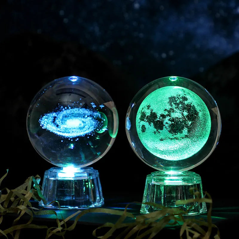 Transparent 6cm crystal ball ornament with inner carving on a fixed base, modern minimalist decor.