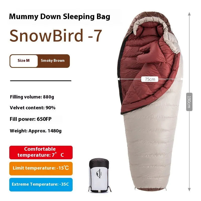 Blue and grey mummy-style down sleeping bag packed in its storage bag for camping.