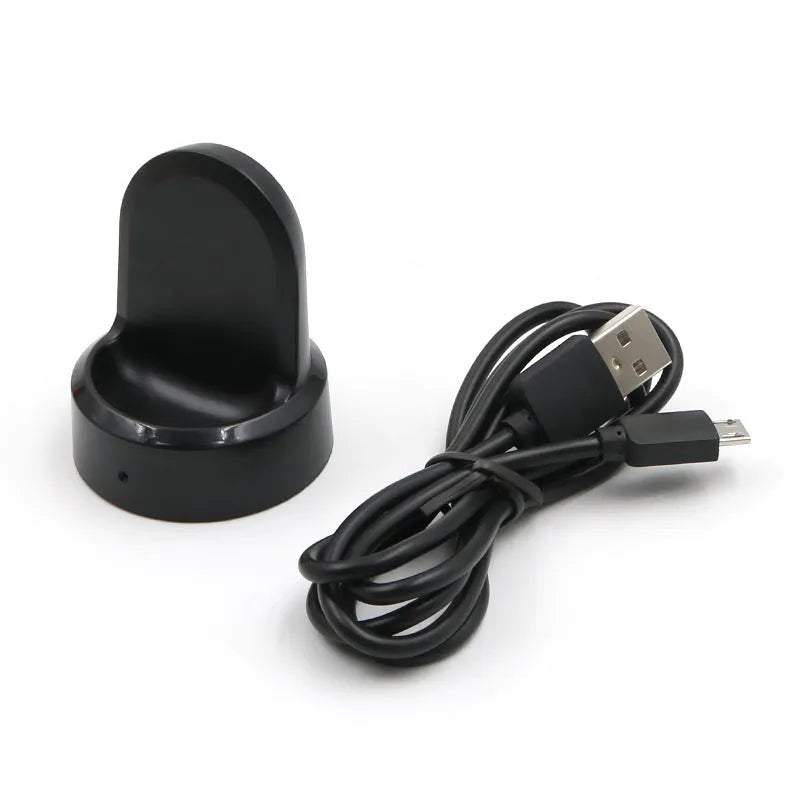 Black PVC smart watch wireless charger base, 47mm x 47mm x 58mm, 63g, USB powered, wrist strap style