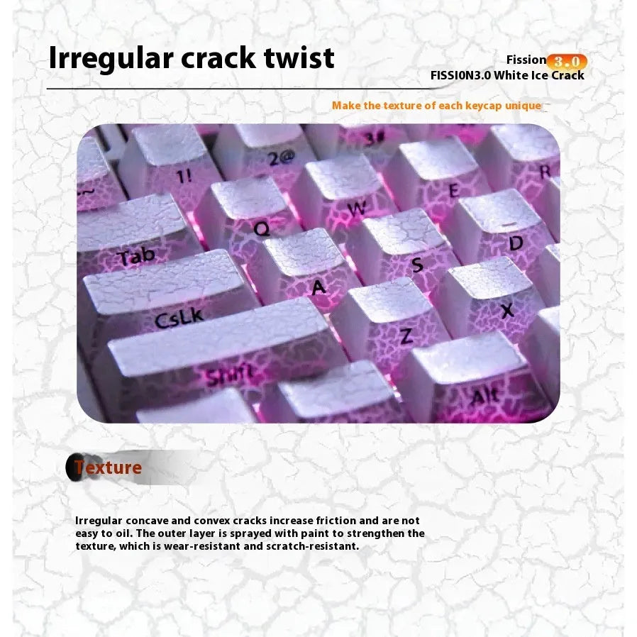 White Fission Side Carving transparent PC keycap set with white double stitching detail