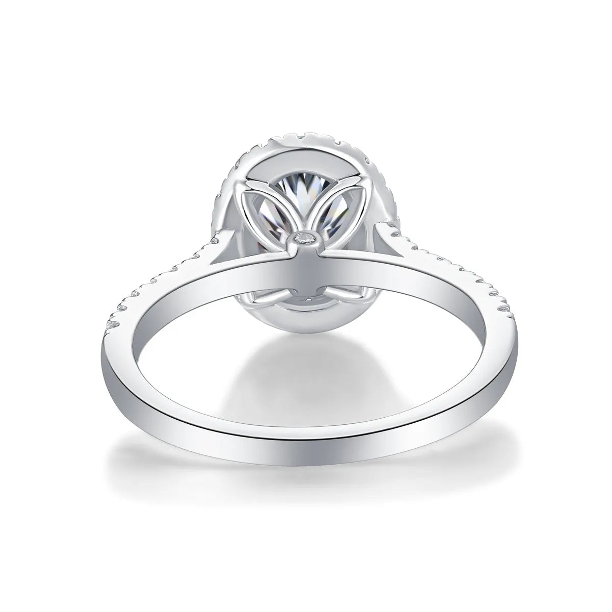 Audrey moissanite wedding ring set with egg-shaped 7x9mm stone in S925 silver platinum plating on white background