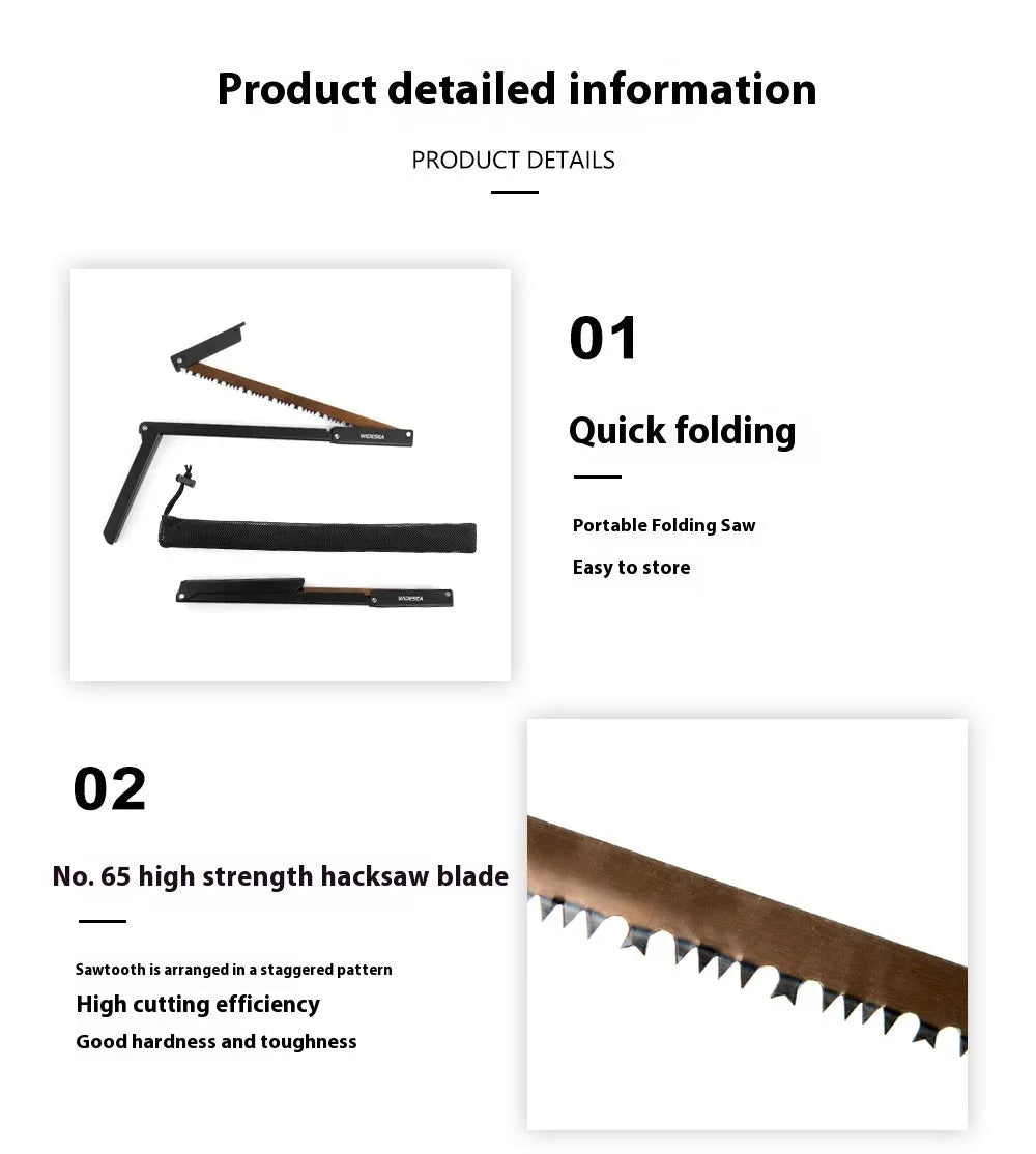 Black foldable outdoor saw with aluminium and nylon handle, blade extended.