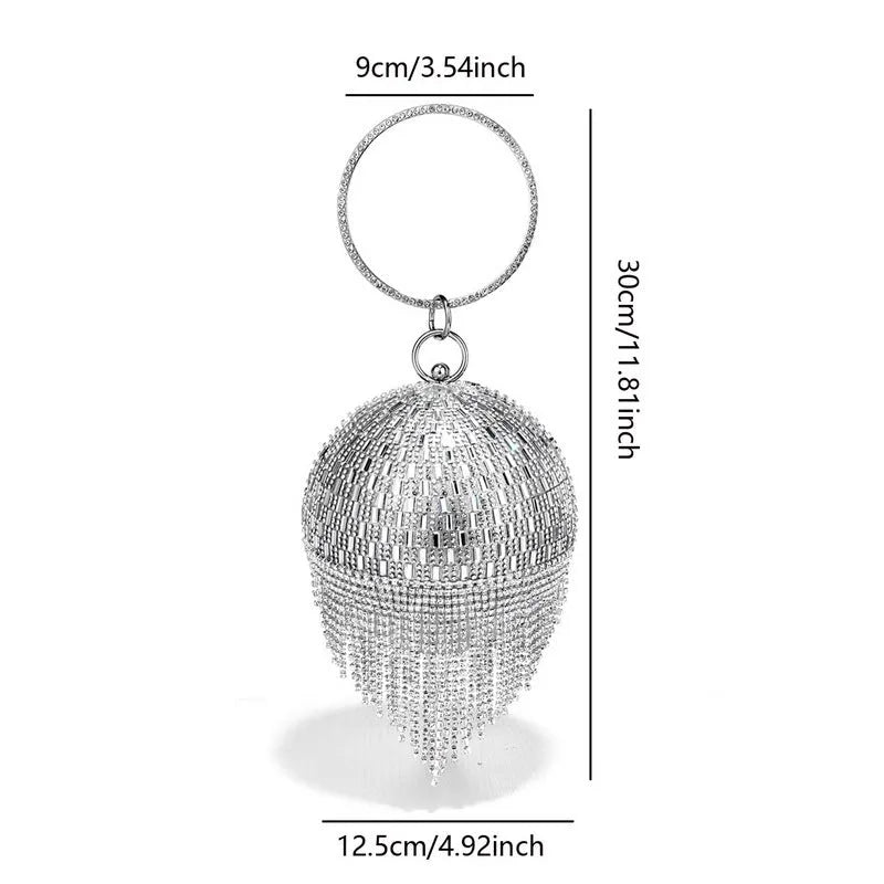 Shining rhinestone round tassel dinner bag in black with document pocket