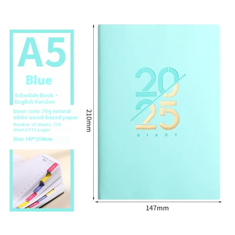 2025 A5 daily schedule book with soft faux leather cover, open to show weekly planner layout.