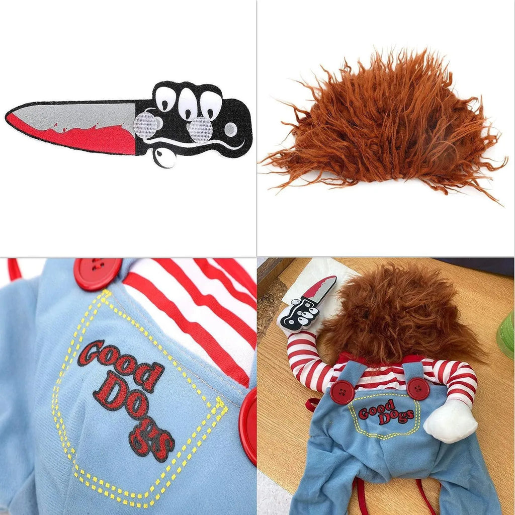 Striped Halloween harness pants costume set for dogs and cats with knife accessory in sizes S M L XL