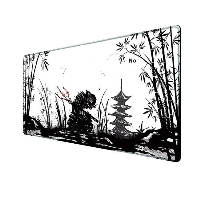 Japanese samurai artwork gaming mouse pad on a desk with a computer mouse