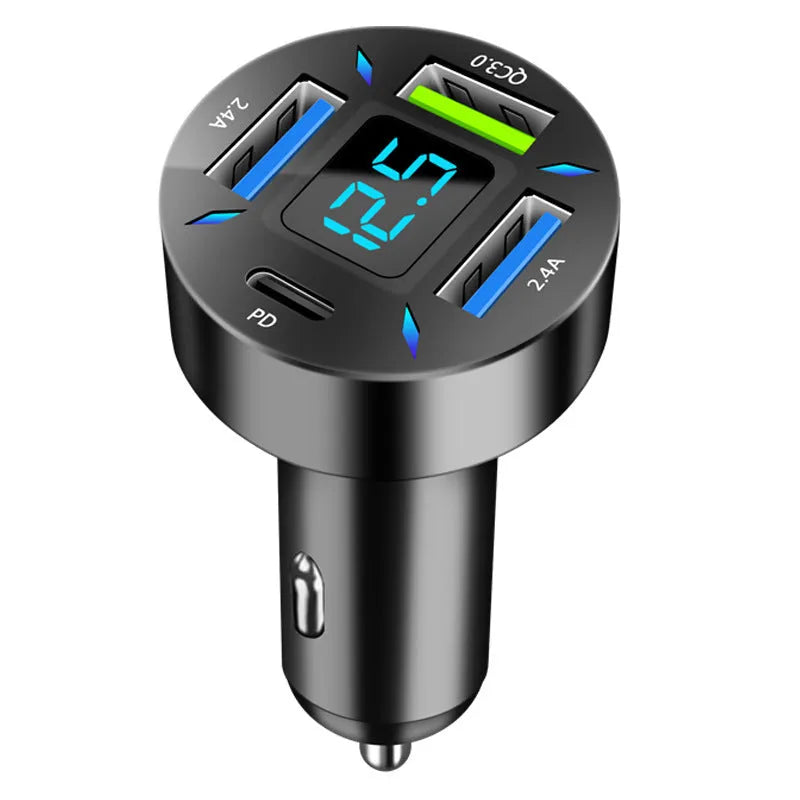 Four-port USB car charger with digital LED display for use in vehicles