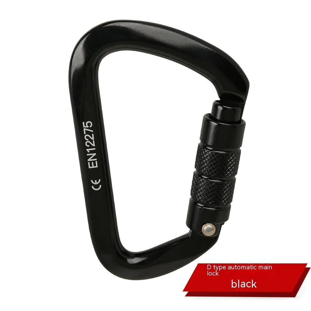 D-shaped rock climbing carabiner with automatic gate shown in orange, alongside a threaded gate version in black.