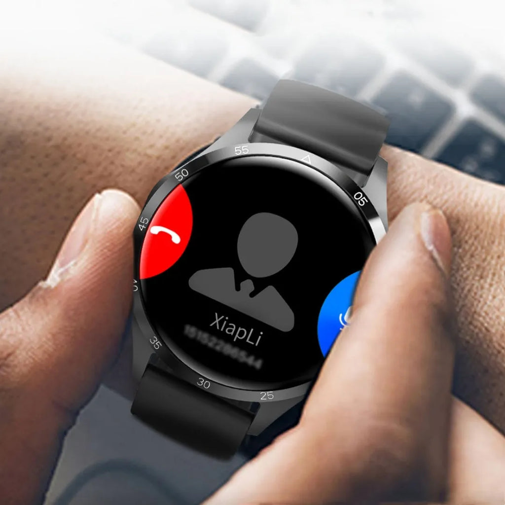 Black smartwatch with Bluetooth calling on a silicone strap, showing a TFT touch screen displaying health metrics.