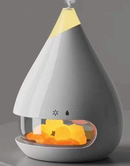 Square desktop flame humidifier with crystal salt stone and colourful atmosphere lighting
