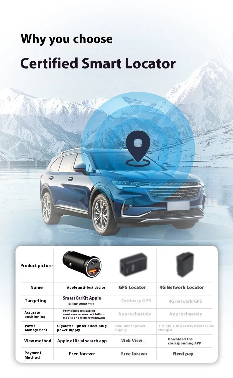 Black plug-in GPS car tracker with magnetic base, shown inserted into a vehicle's 12V lighter socket.