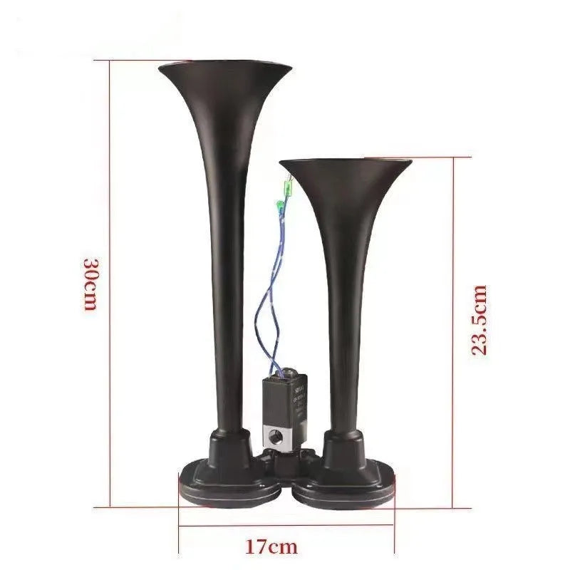 Black dual trumpet super loud 300dB air horn and compressor kit for 12V and 24V vehicles.