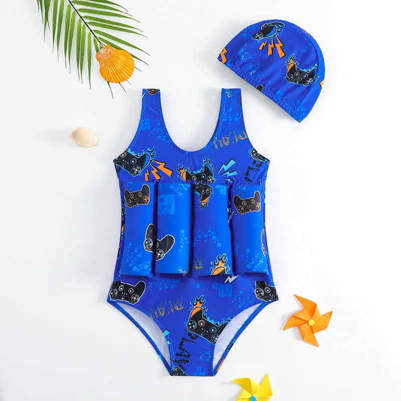 Children's buoyancy swimsuit boy's one-piece in Korean-style solid colour, nylon fabric, available in sizes M to XXL