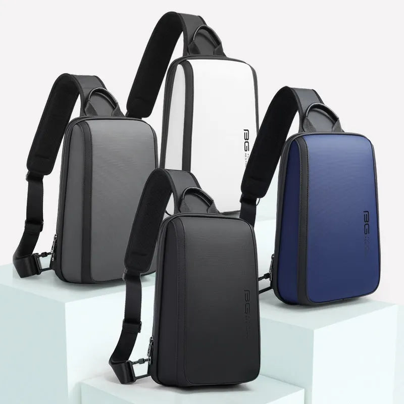 Blue men's messenger chest bag with double shoulder straps and a soft handle.