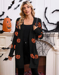 Women's black Halloween cardigan with orange pumpkin head Jacquard knit pattern.