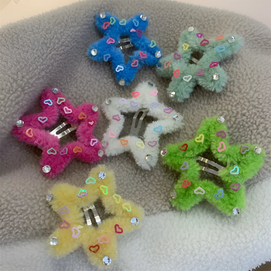 Plush hair clip with diamond star edge in pink, showing manual finish and side clip design