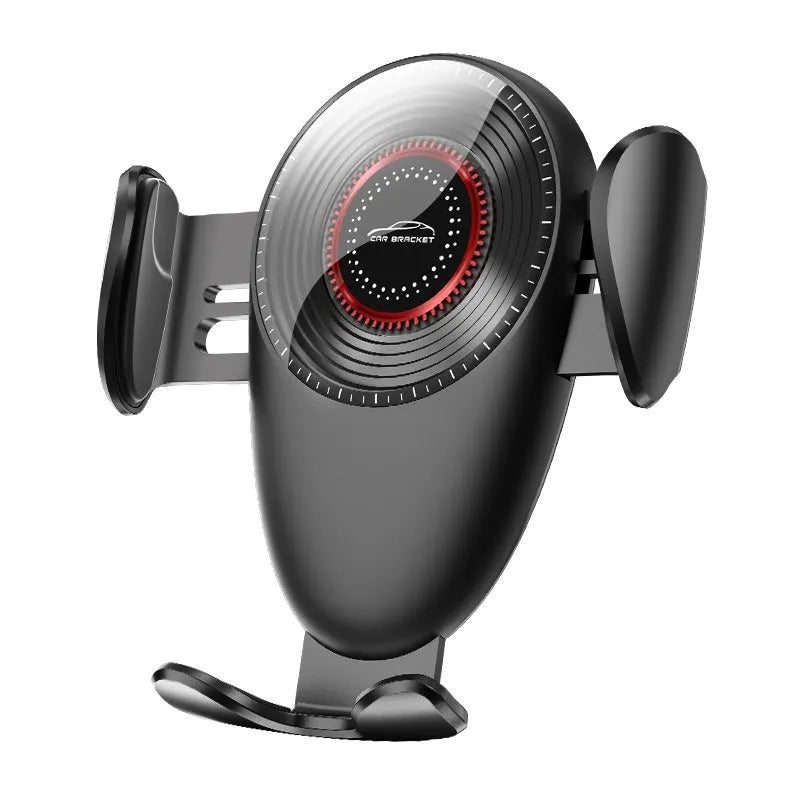 Black car air vent phone bracket with adjustable clamp arms mounted on vehicle ventilation system