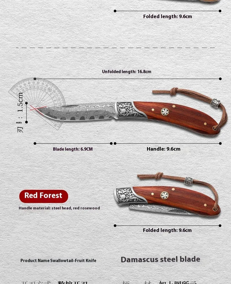 VG10 folding portable mini outdoor knife showing stainless steel blade and handmade national style construction