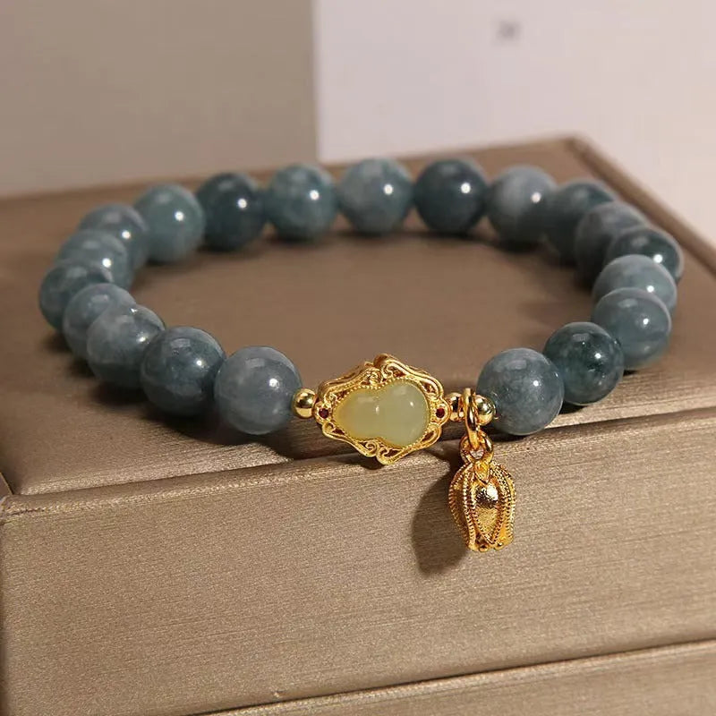 Women's natural stone bracelet with blue gourd lotus pendant and electroplated floral design