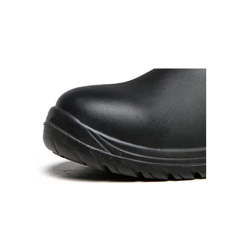 Black leather safety boots with high-top design and anti-piercing sole for workplace protection