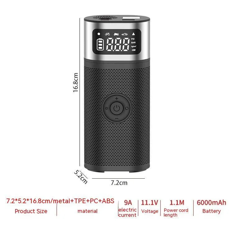 Black portable wireless air pump with USB charging cable and multiple inflation nozzles