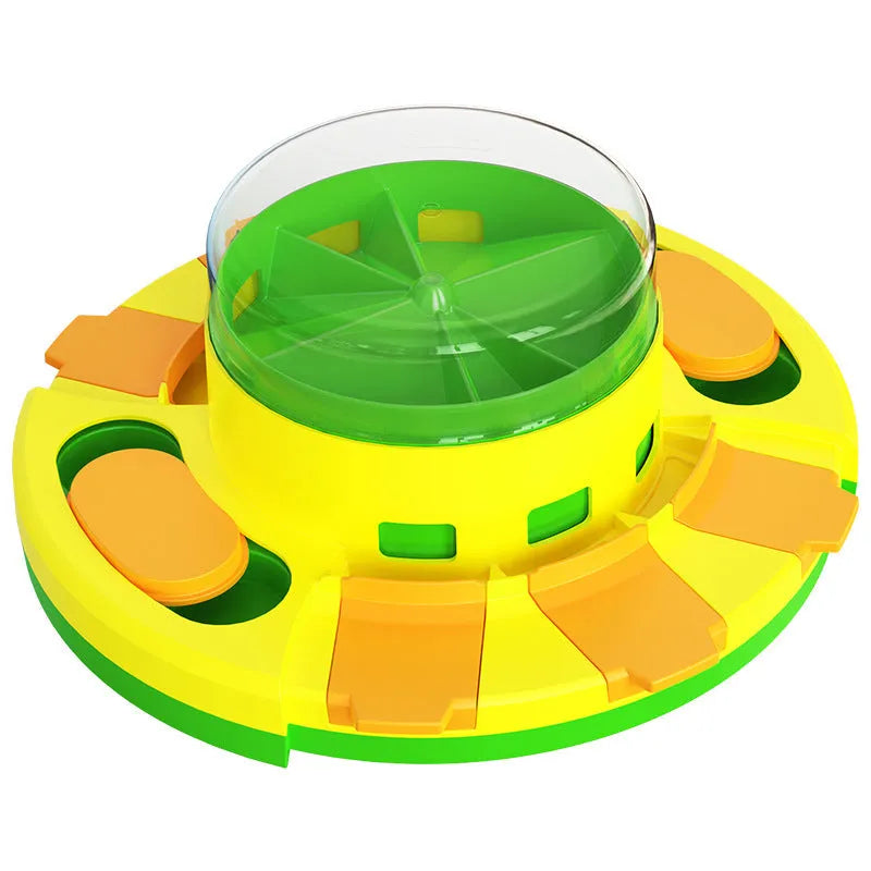 Plastic pet toys including food leakage bear, bulb tumbler cat toy, and educational puzzles in various colours