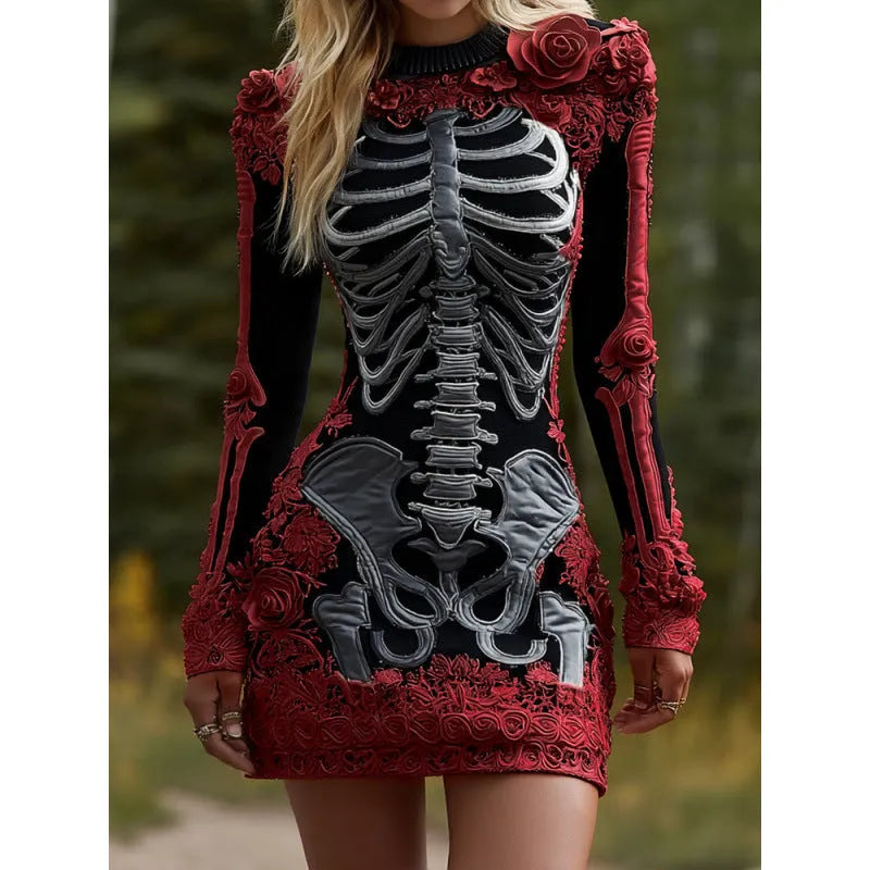 Halloween 3D printed long sleeve narrow dress in black polyester with v-neck and long skirt