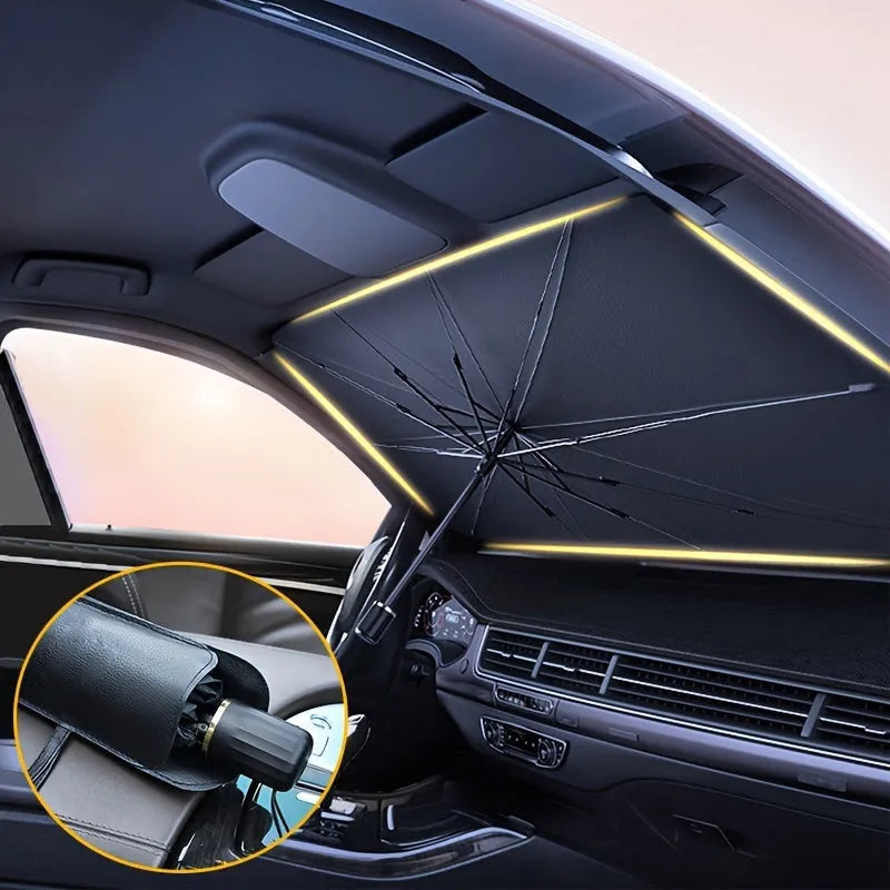 Foldable car windshield sunshade umbrella showing automatic rebound button and composite peptide material