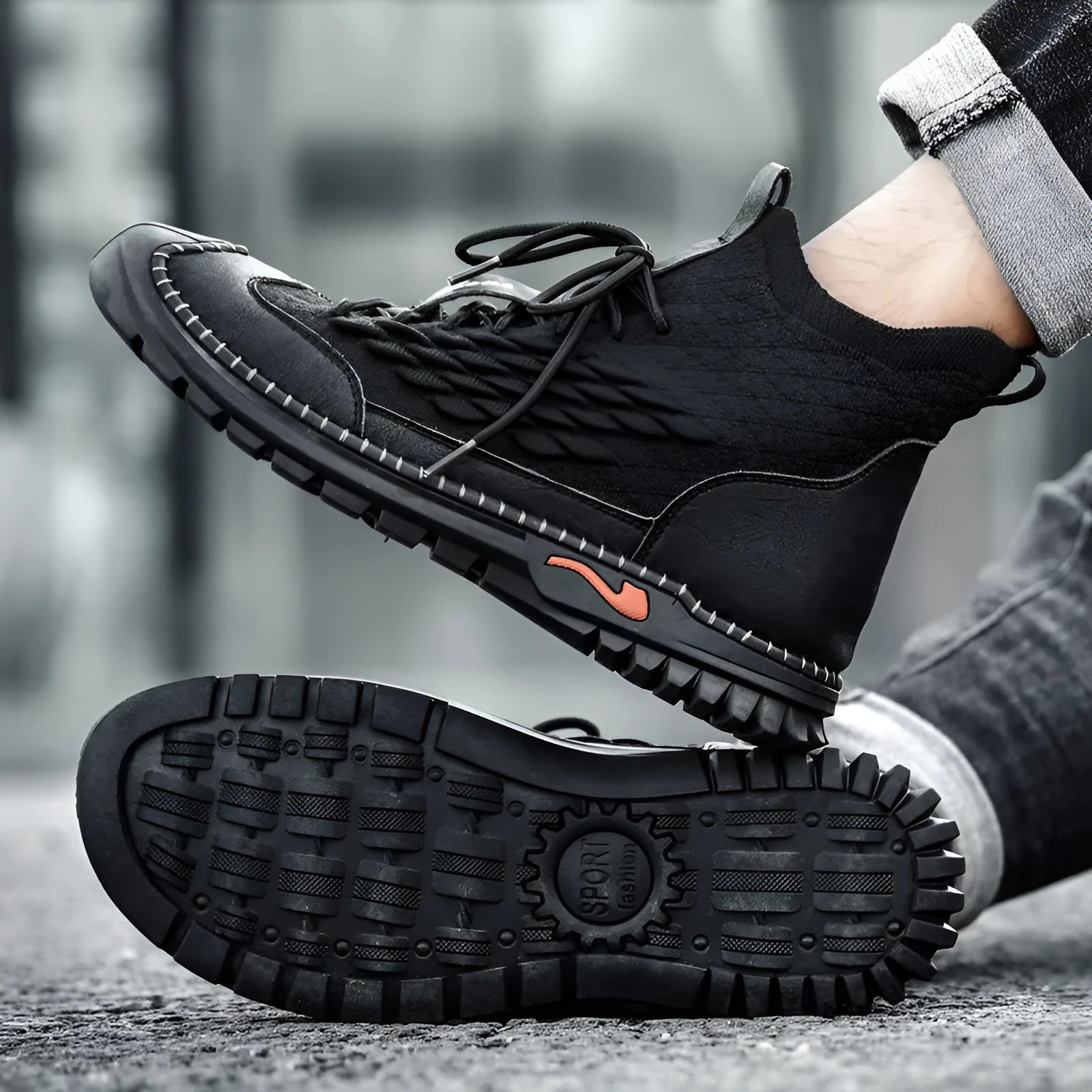 Men's casual flying weave upper round toe shoes in black for outdoor driving and hiking