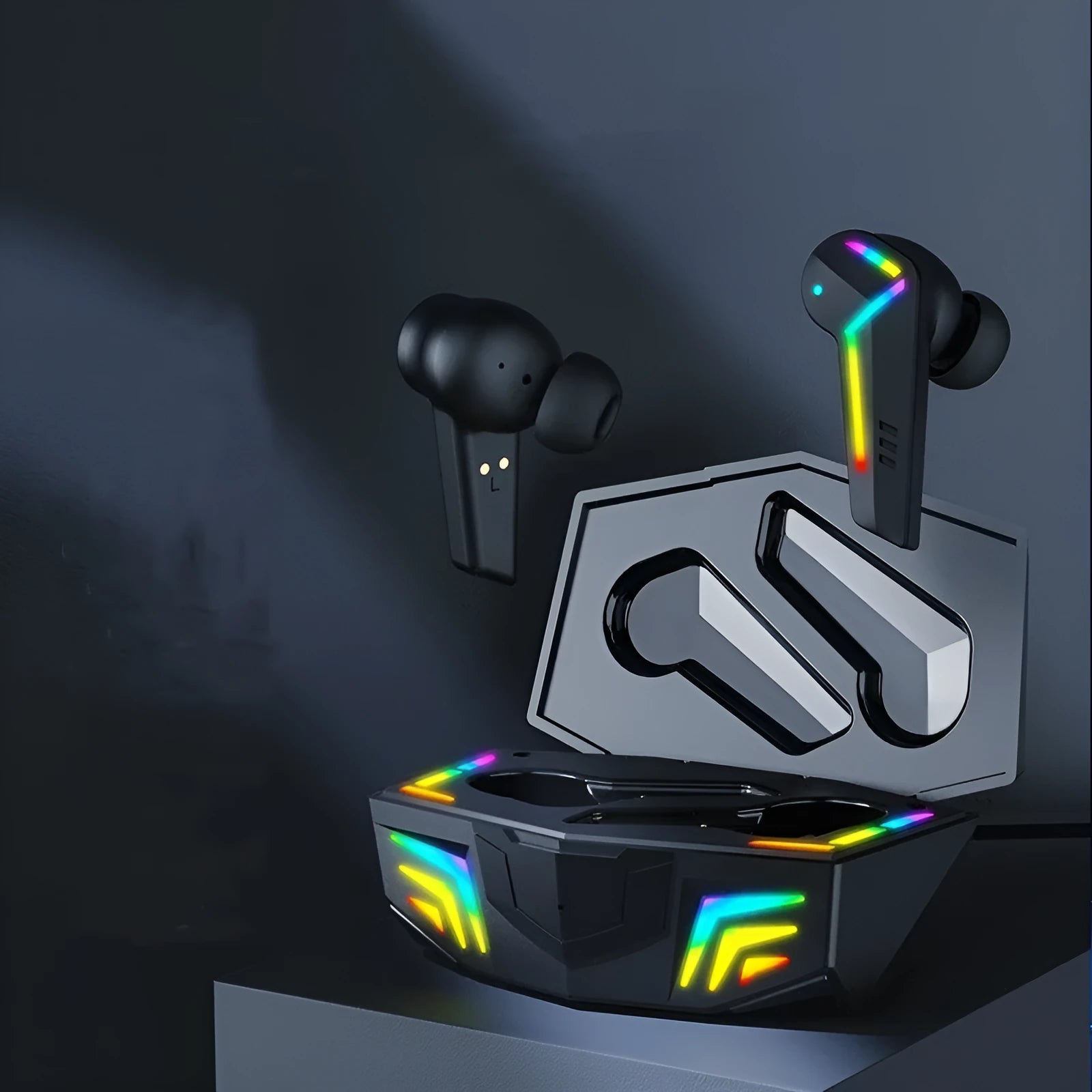 Small black Bluetooth earplug headset for sports and gaming with NFC function.