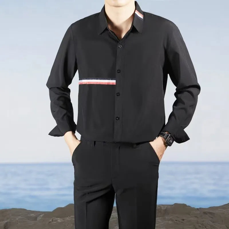 Hong Kong style loose fit cotton blend shirt in light blue, showing cardigan design on a hanger.