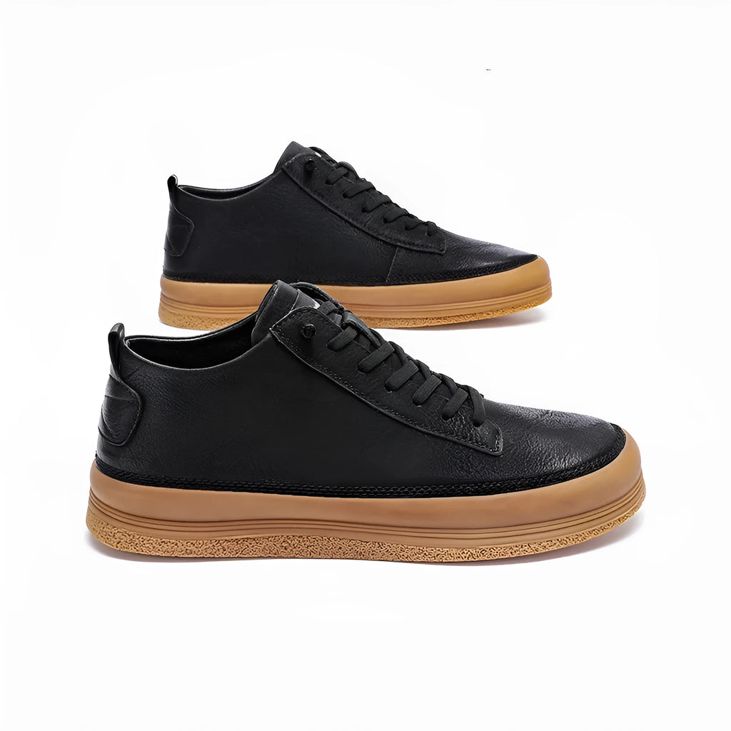 Men's black leather casual lace-up shoes with a round toe and flat rubber sole