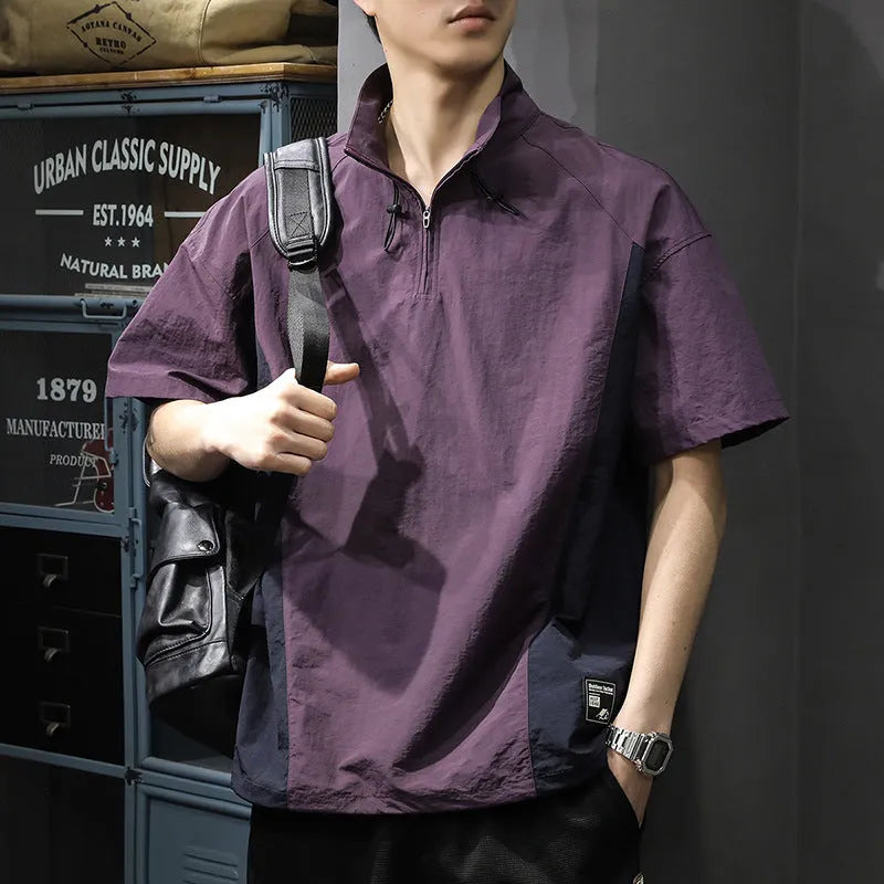 Brown men's half-zip stand collar short sleeve shirt with a fleece lining.