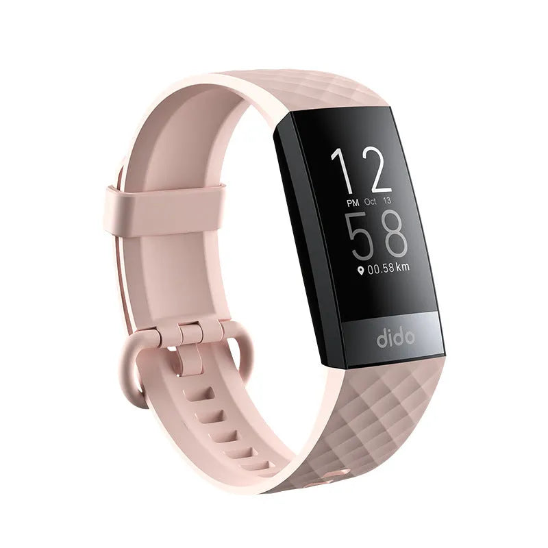 Black smart health bracelet with a 1.1-inch screen displaying heart rate and blood oxygen data on a wrist.