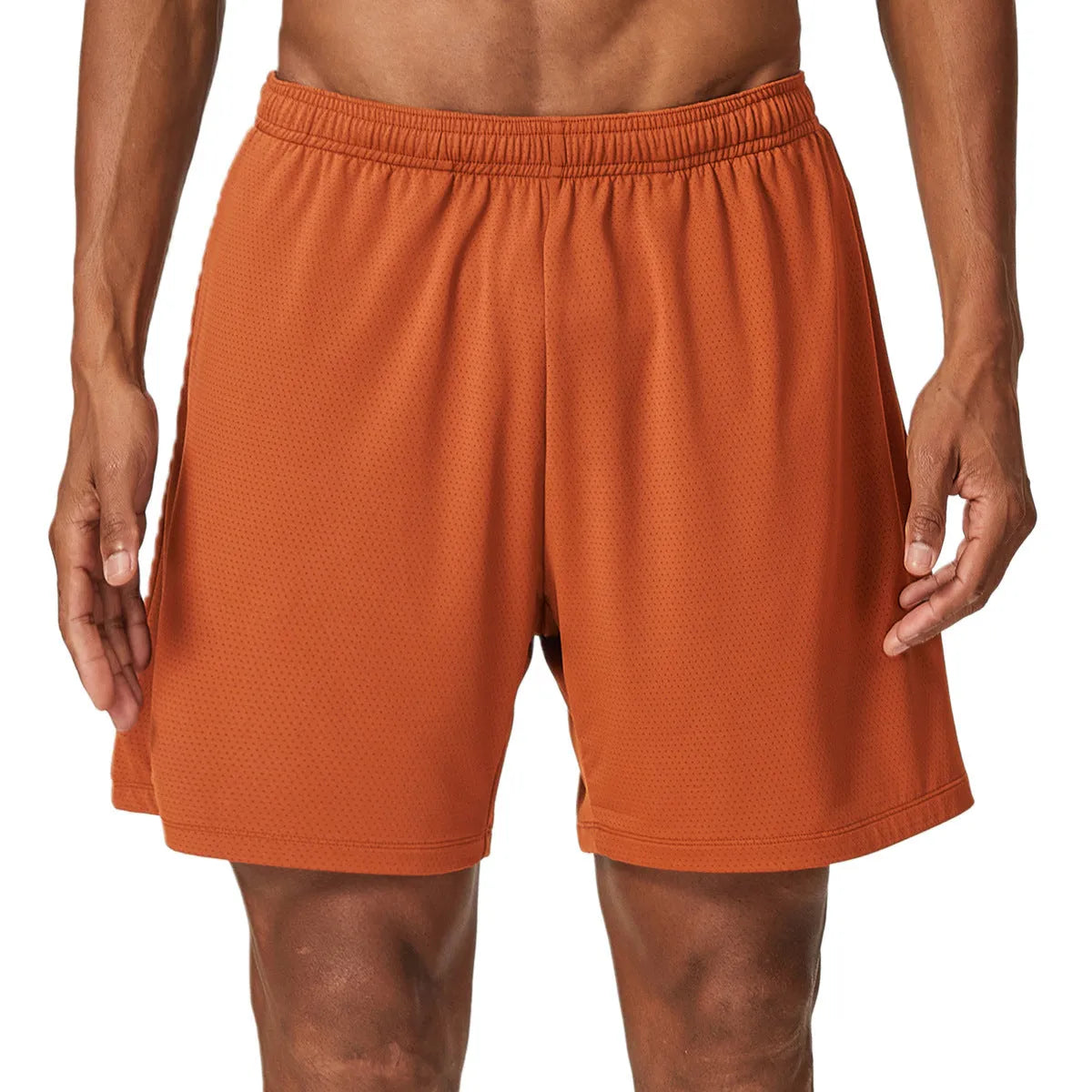 Men's double-layer quick-drying running shorts in brick red colour on a mid waist.