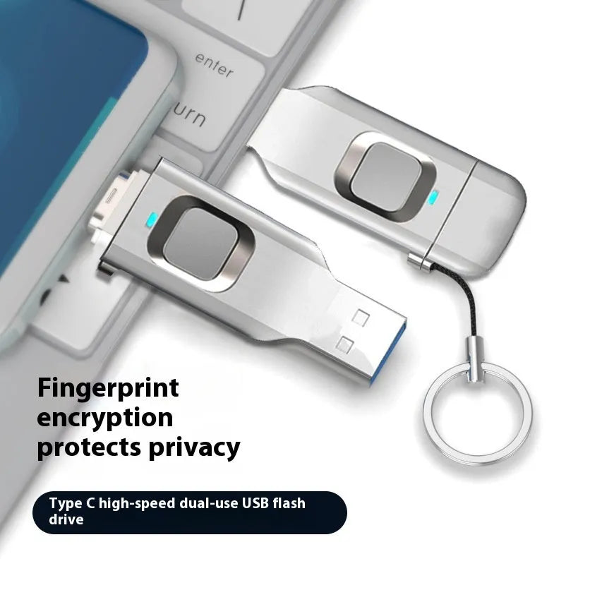 Black fingerprint USB flash drive showing USB 3.0 connector and Type-C port for computers and mobile devices
