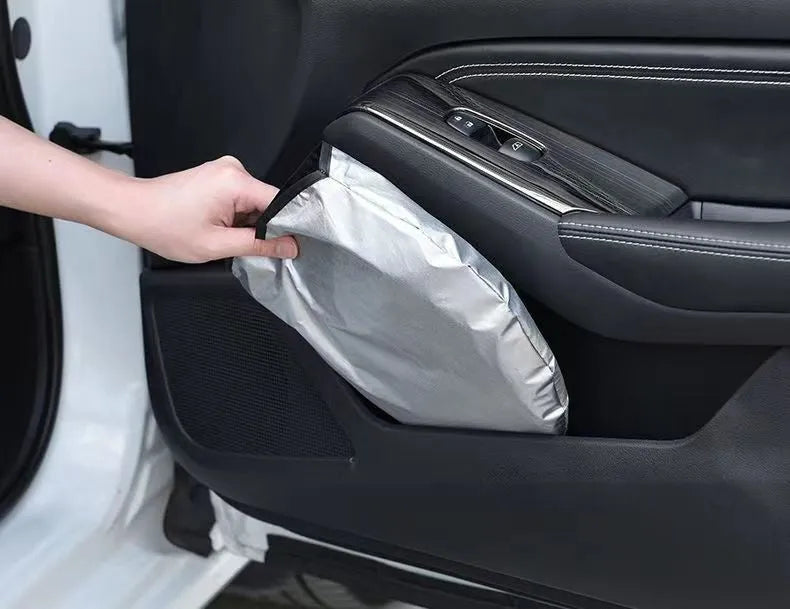 Titanium silver aluminium foil car sunshade folded, showing reflective surface and size options.