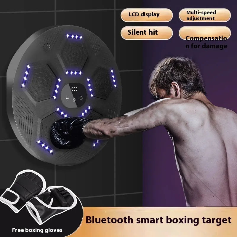 Smart music boxing reaction target mounted on wall with LED lights illuminated during training session